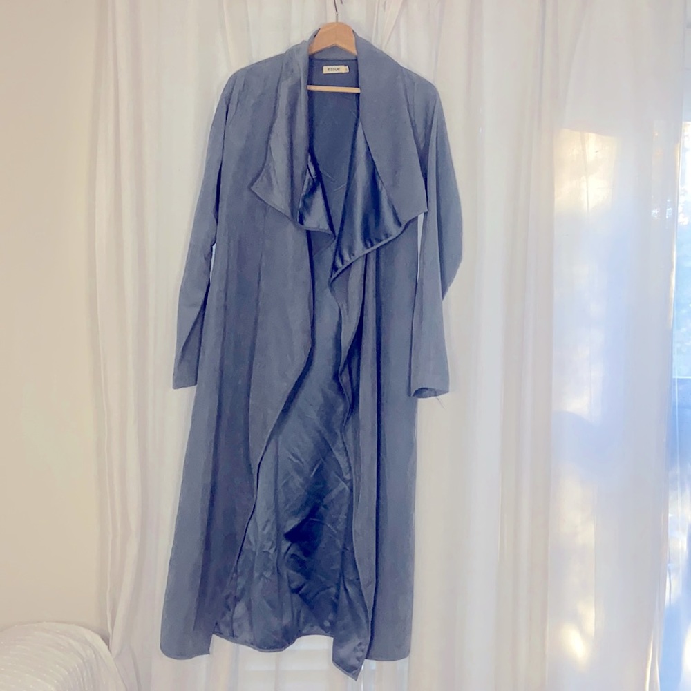 Gorgeous lightweight blue gray photo suede duster. Trench coat style duster.